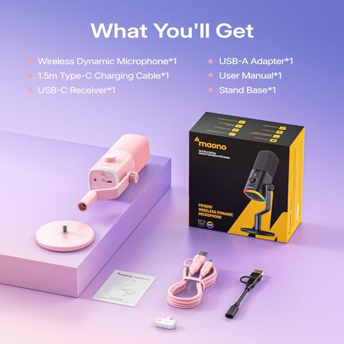 MAONO PD100W Wireless Dynamic Microphone for iPhone, Android & PC (Pink) | USB-C & Lightning Receivers, Noise Reduction,RGB Lighting, Software EQ, for Gaming, Streaming and Content Creation - color: Pink