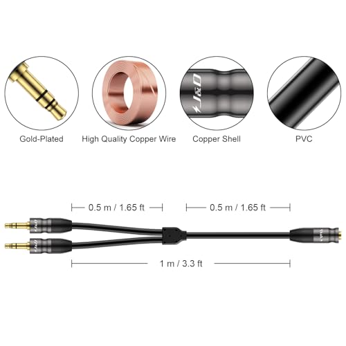J&D 3.5 mm to 2X 3.5 mm Cable, Gold Plated Joint Copper Shell Heavy Duty 3.5mm 1/8 inch TRS Female to Dual 3.5 mm 1/8 inch TRS Male Y-Splitter Stereo Audio Adapter Cable, 3.3 Feet - size: 3.3 Feet