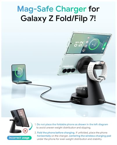 Meifigno 4 in 1 Magnetic Charger for Samsung with 20W Fast Retractable Cable, Wireless Charging Station Designed for MagSafe Charger Stand for Galaxy S26 Ultra Z Fold7/Flip7/Galaxy Watch Ultra 8/Buds