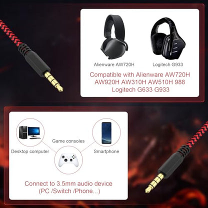 AW310H Detachable Gaming Headset Cable Compatible with Alienware AW720H AW510H 988 Alienware Dell Gaming Headset,Nylon Braided Wire with Inline Mute Switch and Volume Controller(Red,6.5ft) - color: Red