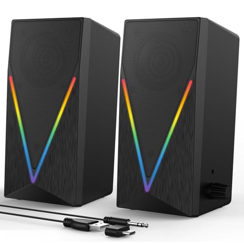 Computer Speakers, Desktop PC Speakers with 6 Colorful RGB Lights, Headphone Jack, Enhanced Bass and Volume Control, USB Powered & 3.5mm Aux Gaming Speakers for Laptop Monitor PC Tablet Phone