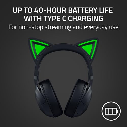 Razer Kraken Kitty V2 BT Wireless RGB Headset, Black | Chroma RGB Kitty Ears & Earcups, Bluetooth 5.2, 40 mm Drivers, Noise-cancelling Mics, Lightweight, USB-C, 40 Hr Battery - color: Black