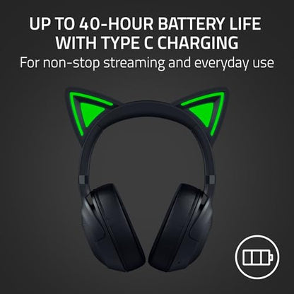 Razer Kraken Kitty V2 BT Wireless RGB Headset, Black | Chroma RGB Kitty Ears & Earcups, Bluetooth 5.2, 40 mm Drivers, Noise-cancelling Mics, Lightweight, USB-C, 40 Hr Battery - color: Black