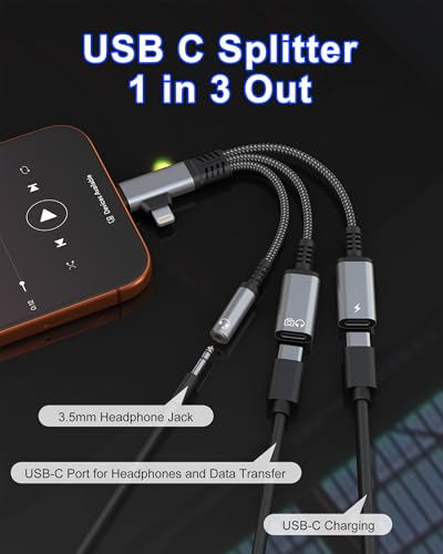 USBC Splitter 1 in 2 Out for USB C Headphone Charging and Data - Lightning & Type C to 3.5mm Audio + USB-C Headphone/Power/Data Transfer/Call Adapter, for Digital USB-C Headphones Only