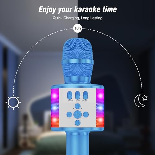 BONAOK Karaoke Microphone for Kids & Adults - Bluetooth Microphones Singing Mic with Disco Lights, Echo Effect, Built-in Speaker Portable Karaoke Player for Party Travel Gifts Q78(Blue) - color: Blue