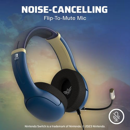 PDP Airlite Wired Gaming Headset for Nintendo Switch 2, Switch Lite, OLED | Flexible Noise-Cancelling Mic, Lightweight Design, Soft Ear Cushions, On-Ear Volume Controls, Zelda Hyrule Blue Edition - color: Blue and Gold