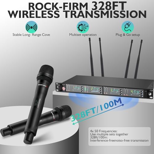 Wireless Microphone System with 4 Channel Wireless Mics | Professional Handheld Dynamic Microphones, IR Auto Scan, 4x50 UHF Frequencies, 328ft Range, Mics for Singing, Church, Karaoke