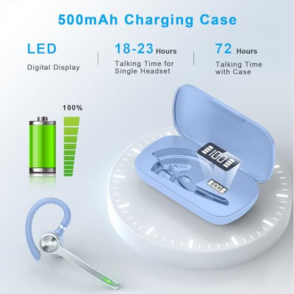 HEIBAS Bluetooth Headset, Wireless Earpiece with Mic for Work Light Blue | 72H Playtime, 500mAh Charging Case, Hands-Free Calling with Mute Button for Trucker, Office, Driving, iPhone, Light Blue - color: Light Blue
