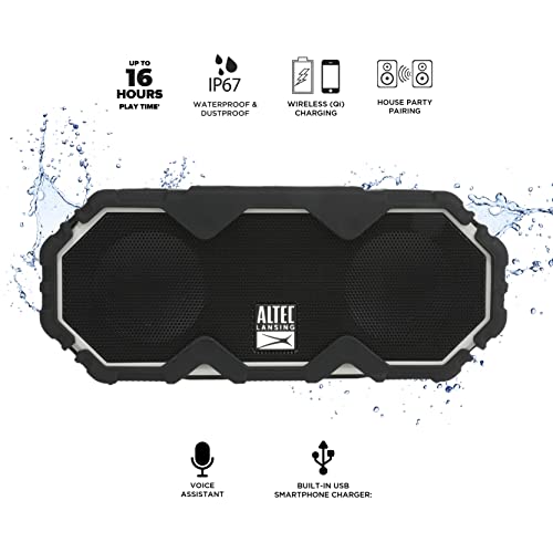 Altec Lansing Mini LifeJacket Jolt Bluetooth Speaker with Qi, Wireless, Waterproof, Portable, Speakers, Loud Volume, Strong Bass, Rich Stereo System, Microphone, 16 Hour Battery, 100 ft Range, Gray - color: Gray