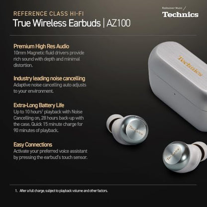 Technics Reference Class Hi-Fi Wireless Ear Buds, Dolby Atmos with Head Tracking, Adaptive Noise Cancelling, 3 Device Multipoint, 10-Hr Battery, Wireless Charging, Improved Fit, EAH-AZ100-S(Silver) | Head Tracking, Adaptive Noise-canceling, 3 Device Multi