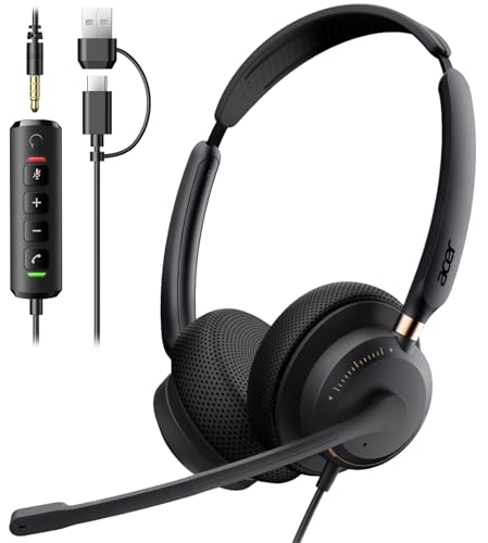 Acer USB Headset with Microphone for PC, Clear Sound Quality for Call ＆ Meetings, Wired Computer Headset for Work, Dual Ear Headset for Office, Laptop, Teams and Call Center Use - USB-A/C & 3.5mm | Wired Computer Headset for Work, Dual Ear Headset for Off