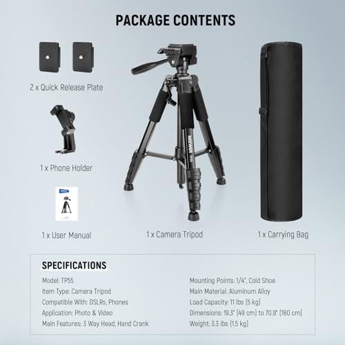 NEEWER BASICS Camera Tripod, 71'' Tripod with Cell Phone Holder Mount Compatible with iPhone for Video Recording, Professional Aluminum Lightweight Portable Travel Stand with 3 Way Pan Tilt Head, TP55 - style: TP55