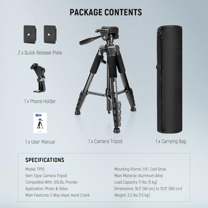 NEEWER BASICS Camera Tripod, 71'' Tripod with Cell Phone Holder Mount Compatible with iPhone for Video Recording, Professional Aluminum Lightweight Portable Travel Stand with 3 Way Pan Tilt Head, TP55 - style: TP55