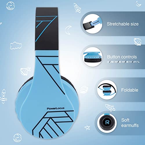 PowerLocus Bluetooth Headphones for Kids, Wireless Foldable Headphones Over Ear, Headphone with Microphone, 85DB Volume Limit, Wireless and Wired Headset with Micro SD, FM for Cellphones, Tablets, PC - color: Blue