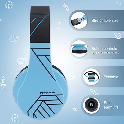 PowerLocus Bluetooth Headphones for Kids, Wireless Foldable Headphones Over Ear, Headphone with Microphone, 85DB Volume Limit, Wireless and Wired Headset with Micro SD, FM for Cellphones, Tablets, PC - color: Blue