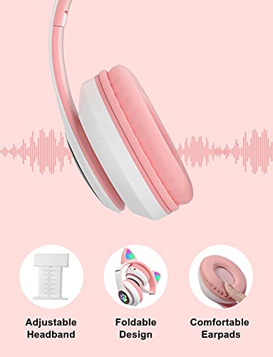 Kids Bluetooth Wireless Over-Ear Cat Ear Headphones with Microphone for Kids Teens Adults (Pink) | Over-Ear Cat Ear Headphones with Microphone - color: Pink