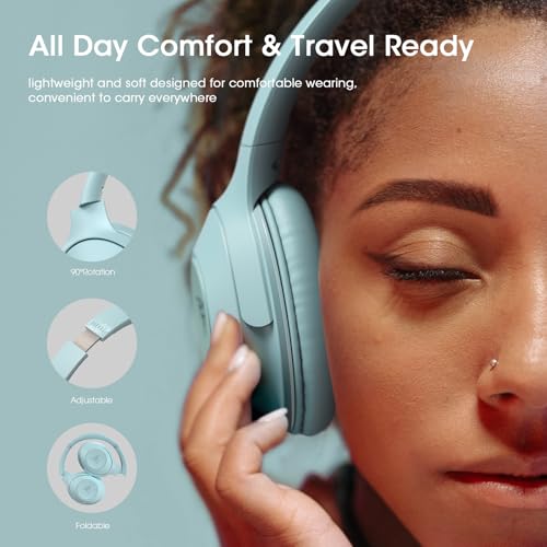 DOQAUS Bluetooth Headphones Over Ear, 70H Playtime,3 EQ Modes, with ENC Mic | HiFi Stereo Sound, Deep Bass, Soft Memory Foam Earpads, Headphone Wireless for Phone PC Travel Home Office, Blue - color: Light Blue