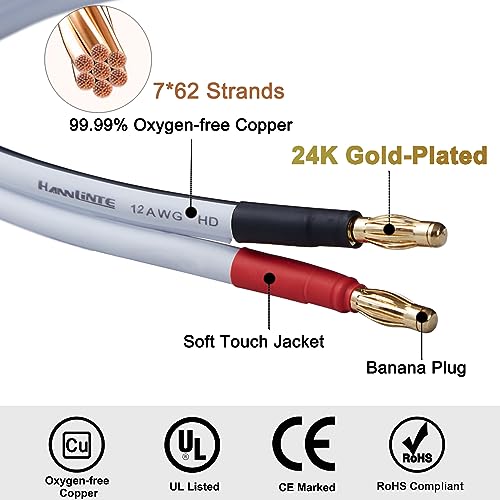 12 AWG HD Premium Soft Touch HiFi Speaker Cable (2 Pack, 3 Feet), 12 Gauge Banana Speaker Wire with Banana Plugs for Bi-Wire Bi-Amp HiFi Surround Sound Oxygen-Free Copper, White