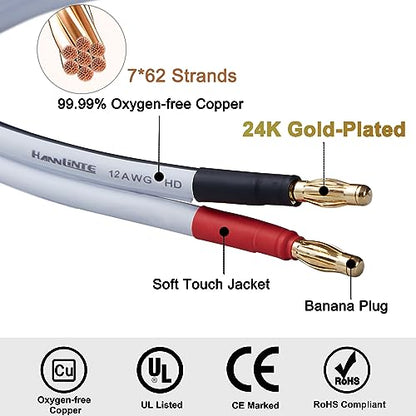 12 AWG HD Premium Soft Touch HiFi Speaker Cable (2 Pack, 3 Feet), 12 Gauge Banana Speaker Wire with Banana Plugs for Bi-Wire Bi-Amp HiFi Surround Sound Oxygen-Free Copper, White
