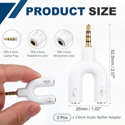 MECCANIXITY 2Pcs Headset Mic Splitter Adapter, 3.5mm Male to Dual Female Y Splitter Microphone and Audio Jack Adapter for PC Laptop Smartphone, White - color: White