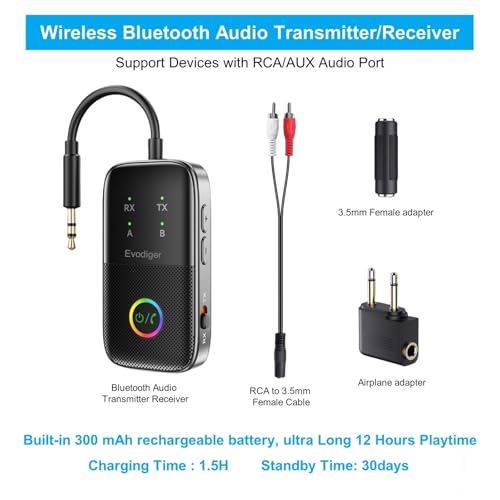 2025 Premium 3 in 1 Bluetooth Audio Transmitter Receiver with aptX Adaptive for up to 2 AirPods or Bluetooth Headphones, Wireless Audio Adapter Supports Any 3.5mm Jack on Airplane, Gym, TV, Car, Home