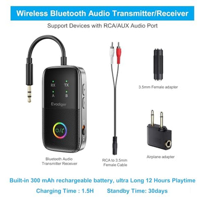 2025 Premium 3 in 1 Bluetooth Audio Transmitter Receiver with aptX Adaptive for up to 2 AirPods or Bluetooth Headphones, Wireless Audio Adapter Supports Any 3.5mm Jack on Airplane, Gym, TV, Car, Home
