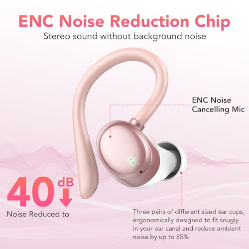 KT1 Bluetooth Headphones Wireless Earbuds 72hrs Playtime Wireless Charging Case Digital Display, Ear Buds with Earhook,IPX7 Waterproof, Deep Bass 2.0,Over-Ear Earphones for Sport Running - color: Rose Gold