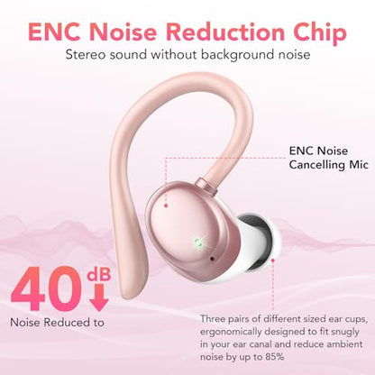 KT1 Bluetooth Headphones Wireless Earbuds 72hrs Playtime Wireless Charging Case Digital Display, Ear Buds with Earhook,IPX7 Waterproof, Deep Bass 2.0,Over-Ear Earphones for Sport Running - color: Rose Gold