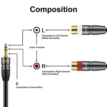 J&D 3.5 mm to Dual RCA Audio Cable, Heavy Duty 3.5mm Male to 2 RCA Female Gold Plated Copper Shell Stereo Audio Adapter Cable, 6 Feet - size: 6 Feet