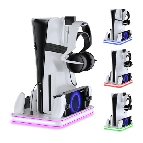 Stand and Cooling Station for PS5/PS5 Slim/PS5 Pro with RGB LED Controller Charging Dock Accessories, Charger for PlayStation 5 Controller and PS Portal Console Headset and Remote Holders (White) - color: White