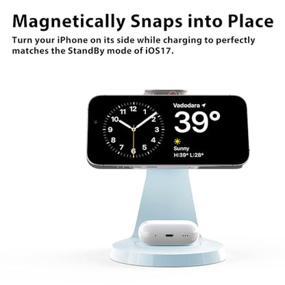 3 in 1 Charging Station for Apple Devices,Mag-Safe Charger Stand Fast Charging,Wireless Charger for iPhone 16/15/14/13/12 Series,& AirPods,& iWatch(USB Charger Included) - color: Light Blue