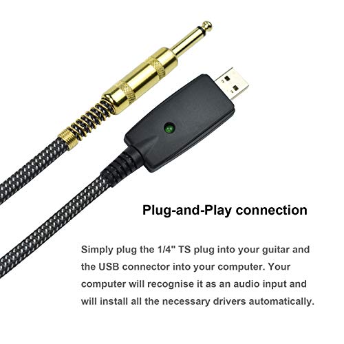 Guitar to USB Instrument Recording Cable, 10 Feet 1/4" TS Male to USB Guitar Cable, Nylon Braided, Gold Plated Plug, Noise Free, Plug and Play Connection, for Electric Guitar Bass Recording