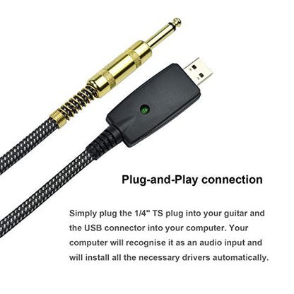 Guitar to USB Instrument Recording Cable, 10 Feet 1/4" TS Male to USB Guitar Cable, Nylon Braided, Gold Plated Plug, Noise Free, Plug and Play Connection, for Electric Guitar Bass Recording