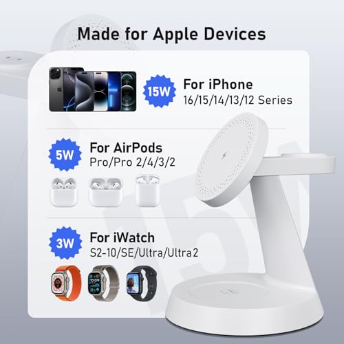 iPhone Charging Station 3 in 1 Wireless Charger for Apple Devices, 15W MagSafe Stand Compatible with iPhone 17 16 15 14 13 12 Pro Max Plus, Charging Dock for AirPods 4 3 2 & iWatch Series (White) - color: White