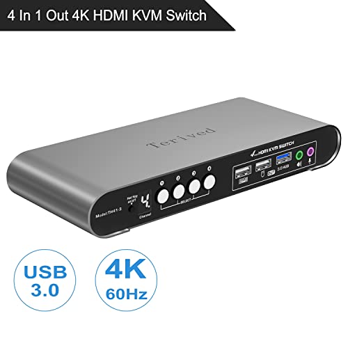 HDMI KVM Switch 4 in 1 Out with Hotkey Mouse Switching, Audio Mic Support, 4K@60Hz, USB 3.0 Hub, Digital Display, Terived Aluminum KVM with Cables Included - style: 4 Computers 1 HDMI Monitor USB 3.0