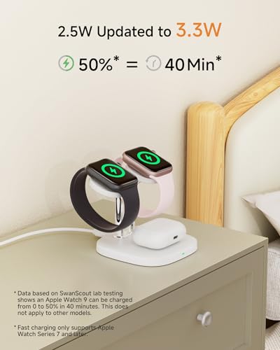 3 in 1 Dual Watch Wireless Charger Stand for Apple Watch Ultra/11 & AirPods | Dual magnetic watch charging, 5W Fast watch charge, Ergonomic design, Chrome plated plastic stand, Multi safety guard, 704A - color: White & Silver