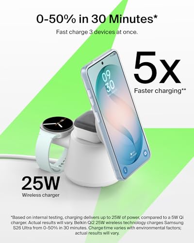 Belkin Qi2.2 25W Magnetic Wireless Charging Station, 3 in 1 Samsung Charger | Fast Charging, MagSafe Compatible, Samsung Galaxy S26, Android Charger, Pixel 10, iPhone 17/16/15, Apple Watch, AirPods - color: Sand