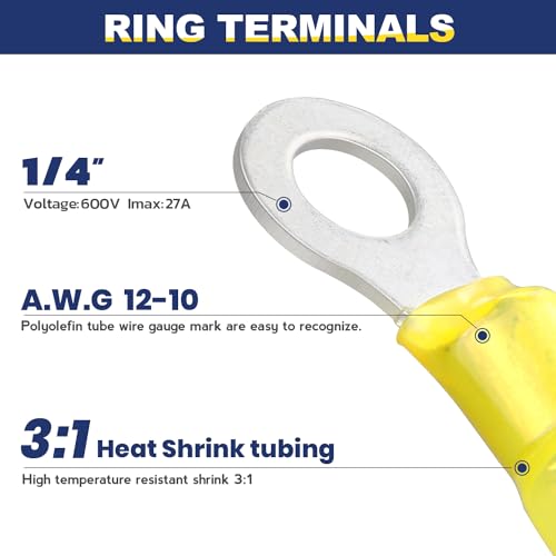 haisstronica 100PCS Heat Shrink Ring Terminals, 12-10 AWG, 1/4 in, Yellow | Battery and Ground Stud Connections, 1.0 mm Copper Barrel, 3:1 Adhesive-Lined Seal, Automotive Wiring Repairs, Ring Connector - color: Yellow, size: Ring 1/4"