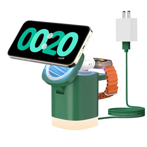 Wireless Charging Station for Apple Mag-Safe: JoyGeek 3 in 1 Magnetic Foldable Charger Stand for iPhone 16 15 14 13 12 Pro Max Plus - Apple Watch 10 9 8 7 6 5 4 SE - AirPods Pro 2/3/4 - color: Dark Green