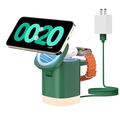 Wireless Charging Station for Apple Mag-Safe: JoyGeek 3 in 1 Magnetic Foldable Charger Stand for iPhone 16 15 14 13 12 Pro Max Plus - Apple Watch 10 9 8 7 6 5 4 SE - AirPods Pro 2/3/4 - color: Dark Green
