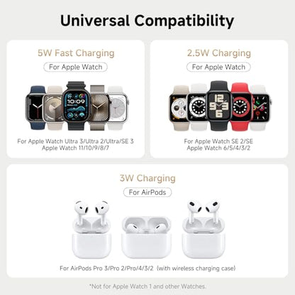 3 in 1 Dual Watch Wireless Charger Stand for Apple Watch Ultra/11 & AirPods | Dual magnetic watch charging, 5W Fast watch charge, Ergonomic design, Chrome plated plastic stand, Multi safety guard, 704A - color: White & Silver