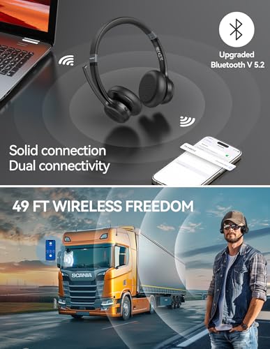 TECKNET Wireless Headset, Bluetooth Headset with Noise Cancelling Microphone - Rechargeable Bluetooth V5.2 Headphones, 50H Playtime & Mic Mute, On Ear Headphones for Trucker/Remote Work/Call Center - color: Deep Black