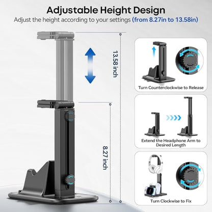 Height Adjustable Dual Headphone Stand, 360° Rotatable Gaming Headset Holder with Controller & Phone Stand, All-in-One Desk Organizer for PS5/Xbox/Switch Controllers/iPad, Desktop Game Accessories