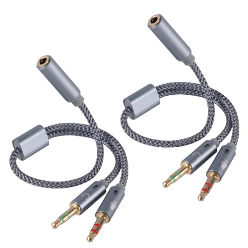 2pcs 2-in-1 Headphone & Microphone Splitter Cable, 3.5mm/0.14in Female to Dual 3.5mm/0.14in Male Audio Adapter Y-Splitter for Gaming Headset PC Laptop Computer Speaker (Gray)