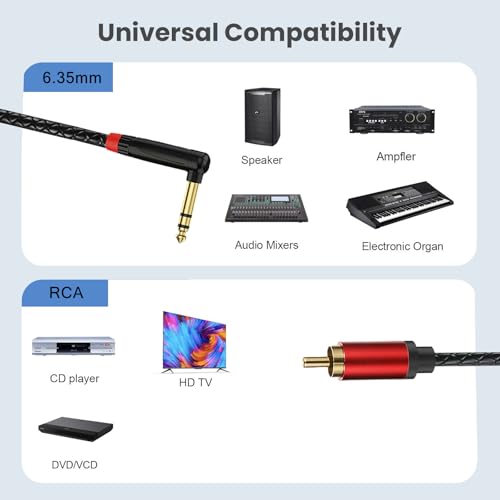Angled 6.35mm to RCA Cable, 90 Degree 1/4 inch TRS to RCA Male Cable Cord,Gold-Plated Connectors, Compatible with Speakers, Amplifiers, Mixers (10FT)