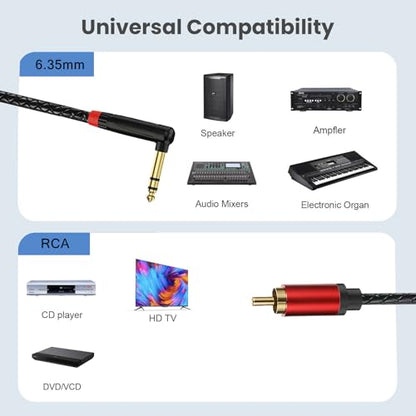 Angled 6.35mm to RCA Cable, 90 Degree 1/4 inch TRS to RCA Male Cable Cord,Gold-Plated Connectors, Compatible with Speakers, Amplifiers, Mixers (10FT)