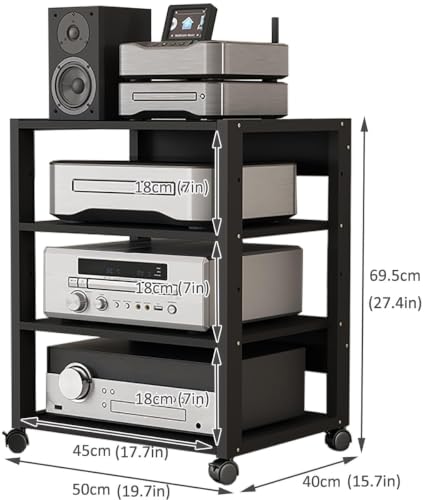 4 Tier Audio Rack AV Media Player Stand Stereo Cabinet | Floor-Standing CD DVD Record Player Stand, Movable Component Storage Shelf with Wheels for Home Theater, Black - size: 4 Tier