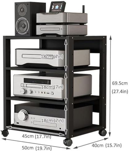 4 Tier Audio Rack AV Media Player Stand Stereo Cabinet | Floor-Standing CD DVD Record Player Stand, Movable Component Storage Shelf with Wheels for Home Theater, Black - size: 4 Tier