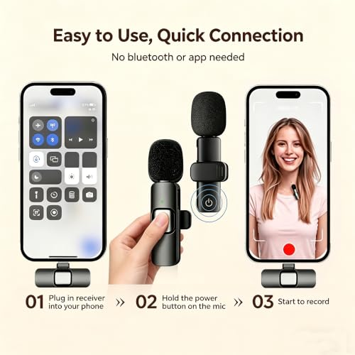 Wireless Lavalier Microphone for iPhone Android, 2Pcs Mini Mic, Plug & Play | Noise Cancelling, 64dB Adaptive, 0.35oz Featherweight, 65ft Range, 6H Battery, for Content Creators Vlogging, YouTube, TikTok