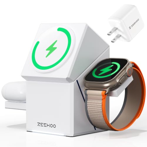 ZEEHOO 3 in 1 Charging Station, for iPhone Charging Station, for Apple MagSafe Charger, 15W Fast Wireless Charger, for Apple Watch, for iPhone 17,16,15,14,13,12 Series, AirPods (White) - color: White
